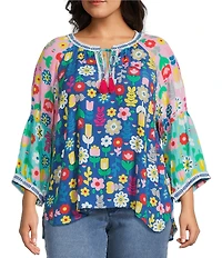John Mark Plus Size Embroidered Multi Floral Split Round Neck 3/4 Sleeve Tassel Tie Tunic