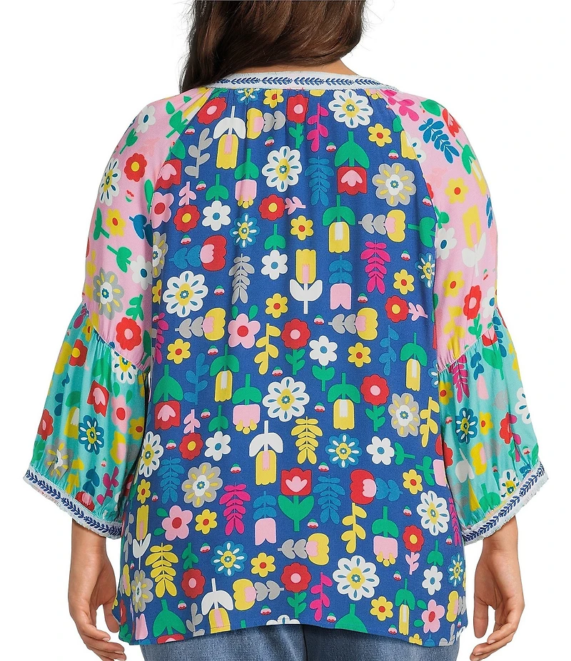 John Mark Plus Size Embroidered Multi Floral Split Round Neck 3/4 Sleeve Tassel Tie Tunic