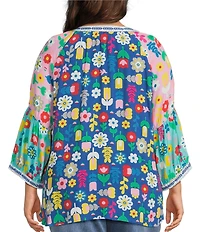 John Mark Plus Size Embroidered Multi Floral Split Round Neck 3/4 Sleeve Tassel Tie Tunic