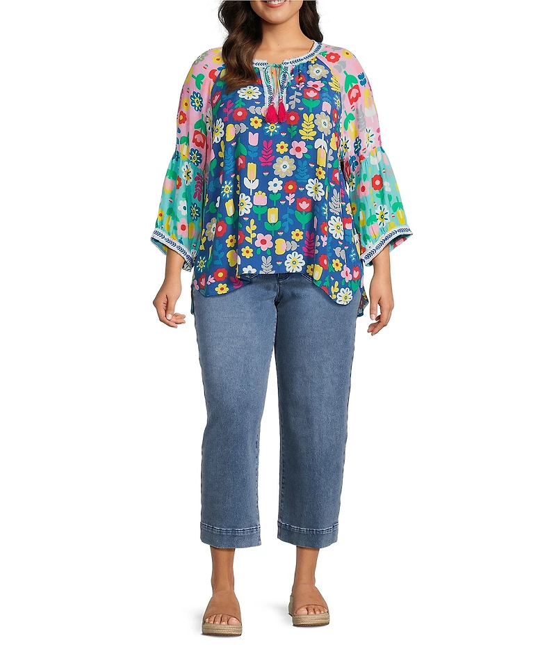 John Mark Plus Size Embroidered Multi Floral Split Round Neck 3/4 Sleeve Tassel Tie Tunic