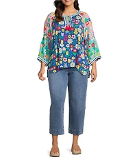 John Mark Plus Size Embroidered Multi Floral Split Round Neck 3/4 Sleeve Tassel Tie Tunic