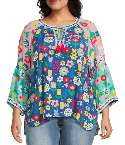 John Mark Plus Size Embroidered Multi Floral Split Round Neck 3/4 Sleeve Tassel Tie Tunic