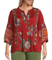 John Mark Plus Size Embroidered Multi Patch Split V-Neck 3/4 Sleeve Hi-Low Hem Tunic