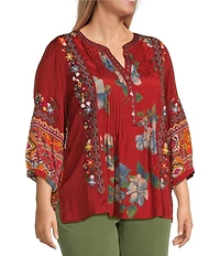 John Mark Plus Size Embroidered Multi Patch Split V-Neck 3/4 Sleeve Hi-Low Hem Tunic