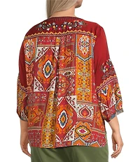 John Mark Plus Size Embroidered Multi Patch Split V-Neck 3/4 Sleeve Hi-Low Hem Tunic