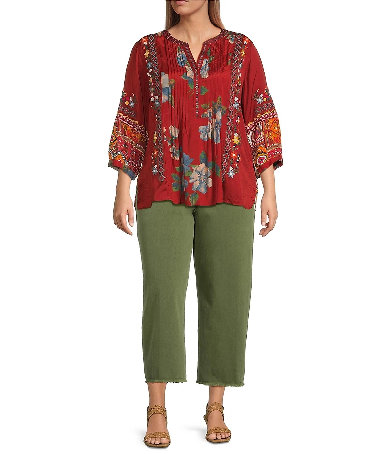 John Mark Plus Size Embroidered Multi Patch Split V-Neck 3/4 Sleeve Hi-Low Hem Tunic