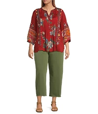 John Mark Plus Size Embroidered Multi Patch Split V-Neck 3/4 Sleeve Hi-Low Hem Tunic