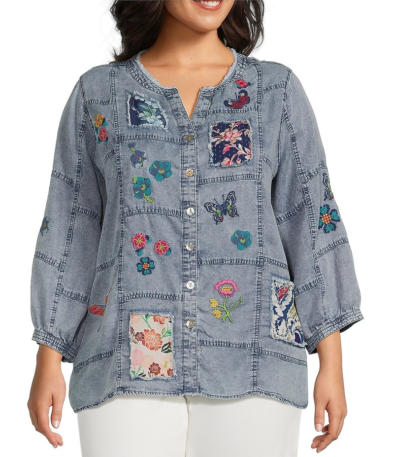John Mark Plus Size Embroidered Patchwork Split V-Neck 3/4 Sleeve Button-Front Blouse