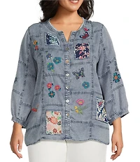 John Mark Plus Size Embroidered Patchwork Split V-Neck 3/4 Sleeve Button-Front Blouse