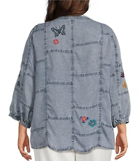 John Mark Plus Size Embroidered Patchwork Split V-Neck 3/4 Sleeve Button-Front Blouse