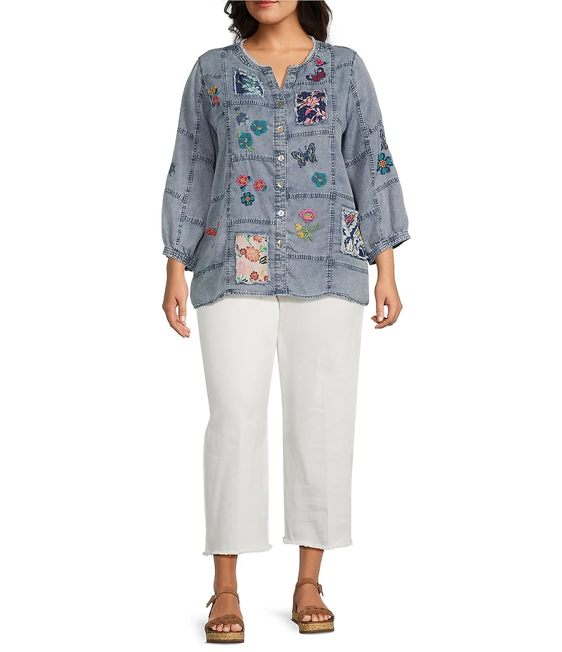 John Mark Plus Size Embroidered Patchwork Split V-Neck 3/4 Sleeve Button-Front Blouse