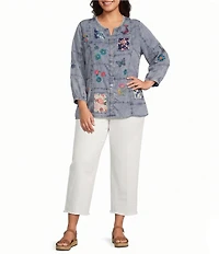John Mark Plus Size Embroidered Patchwork Split V-Neck 3/4 Sleeve Button-Front Blouse