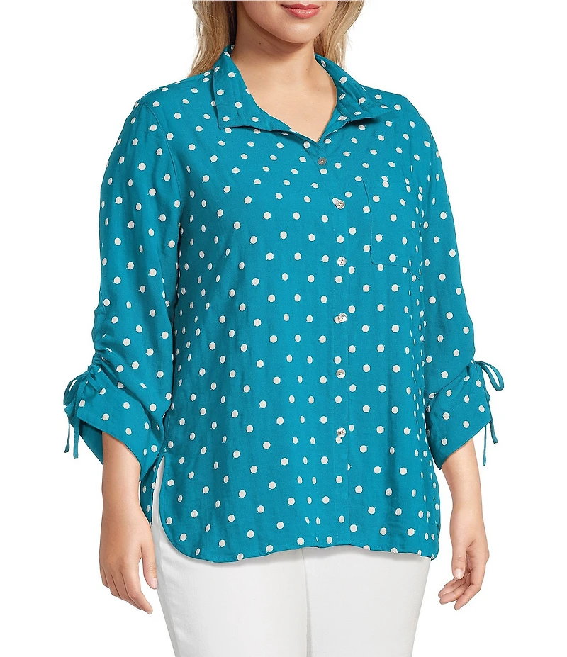 John Mark Plus Size Embroidered Polka Dot Cinch Tie Sleeve Button Front Tunic