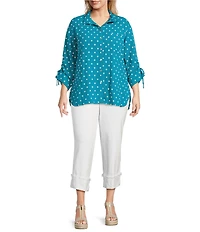 John Mark Plus Size Embroidered Polka Dot Cinch Tie Sleeve Button Front Tunic