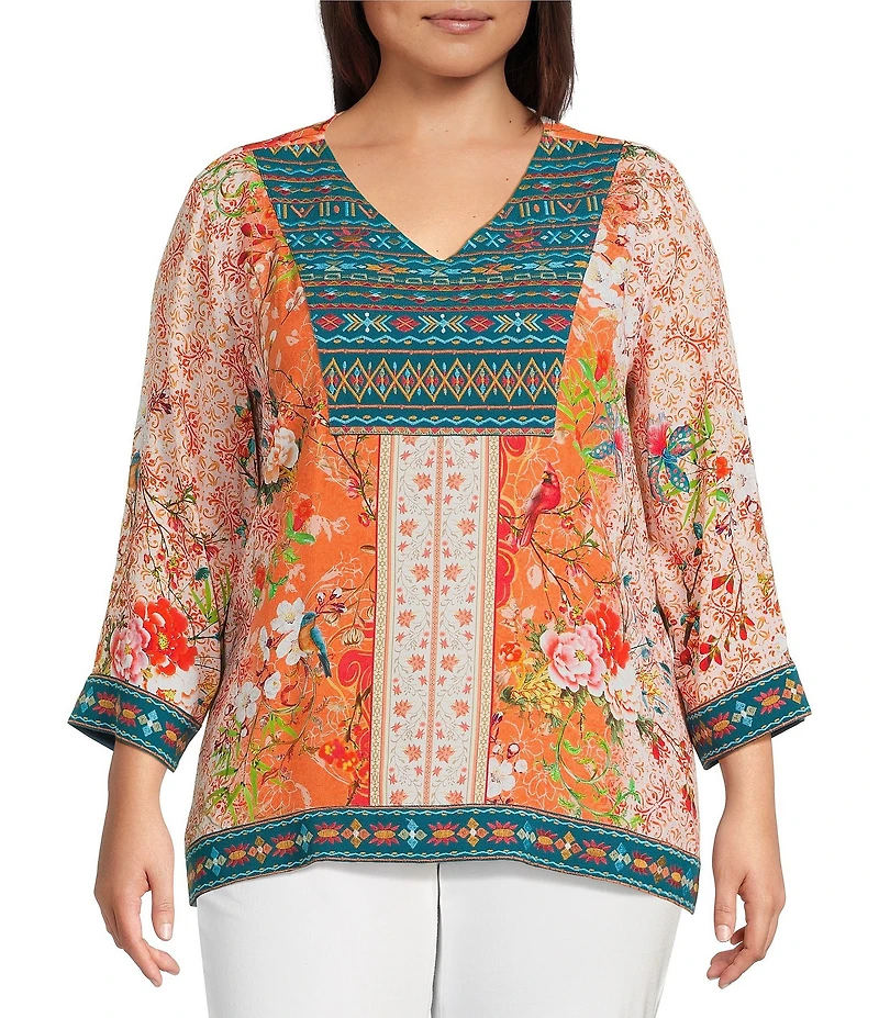 John Mark Plus Size Embroidered Printed V-Neck 3/4 Sleeve Top