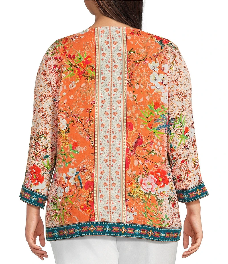 John Mark Plus Size Embroidered Printed V-Neck 3/4 Sleeve Top