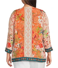 John Mark Plus Size Embroidered Printed V-Neck 3/4 Sleeve Top