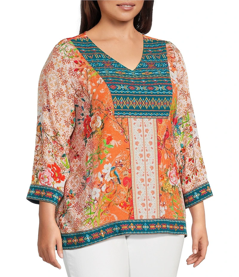 John Mark Plus Size Embroidered Printed V-Neck 3/4 Sleeve Top
