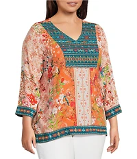 John Mark Plus Size Embroidered Printed V-Neck 3/4 Sleeve Top