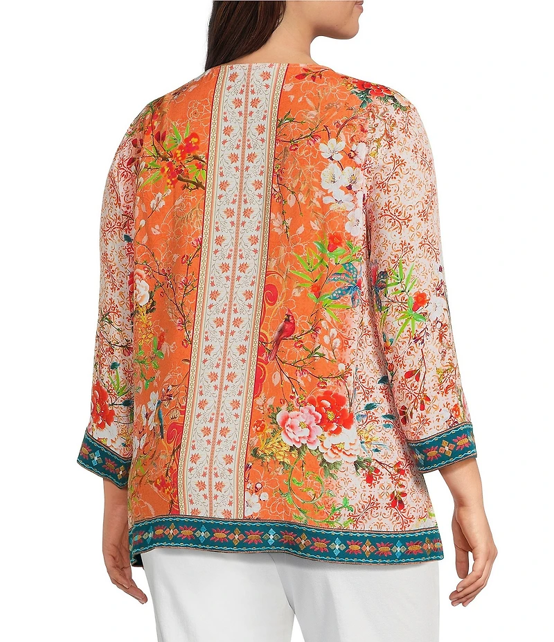 John Mark Plus Size Embroidered Printed V-Neck 3/4 Sleeve Top