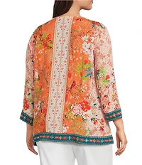 John Mark Plus Size Embroidered Printed V-Neck 3/4 Sleeve Top