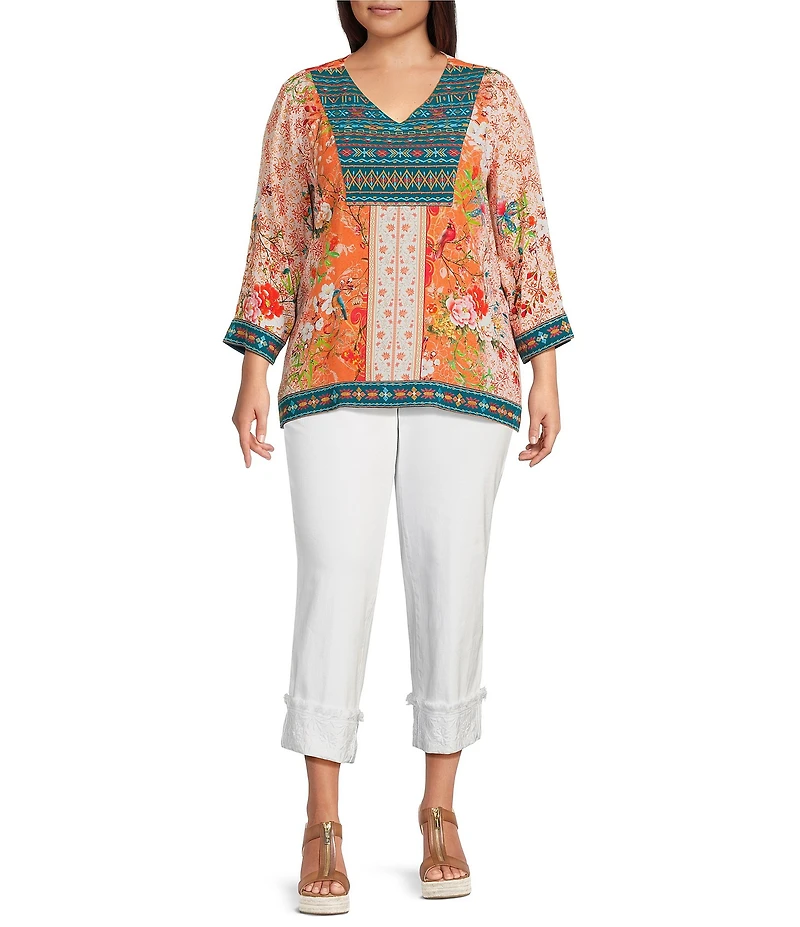 John Mark Plus Size Embroidered Printed V-Neck 3/4 Sleeve Top