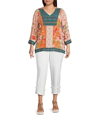John Mark Plus Size Embroidered Printed V-Neck 3/4 Sleeve Top