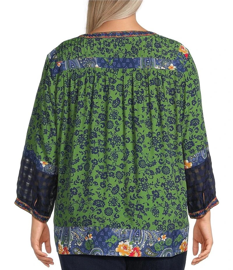 John Mark Plus Size Embroidered Printed Y-Neck 3/4 Sleeve Pintuck Peasant Tunic