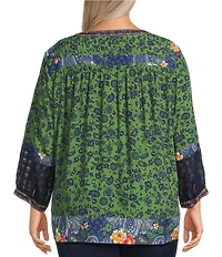 John Mark Plus Size Embroidered Printed Y-Neck 3/4 Sleeve Pintuck Peasant Tunic
