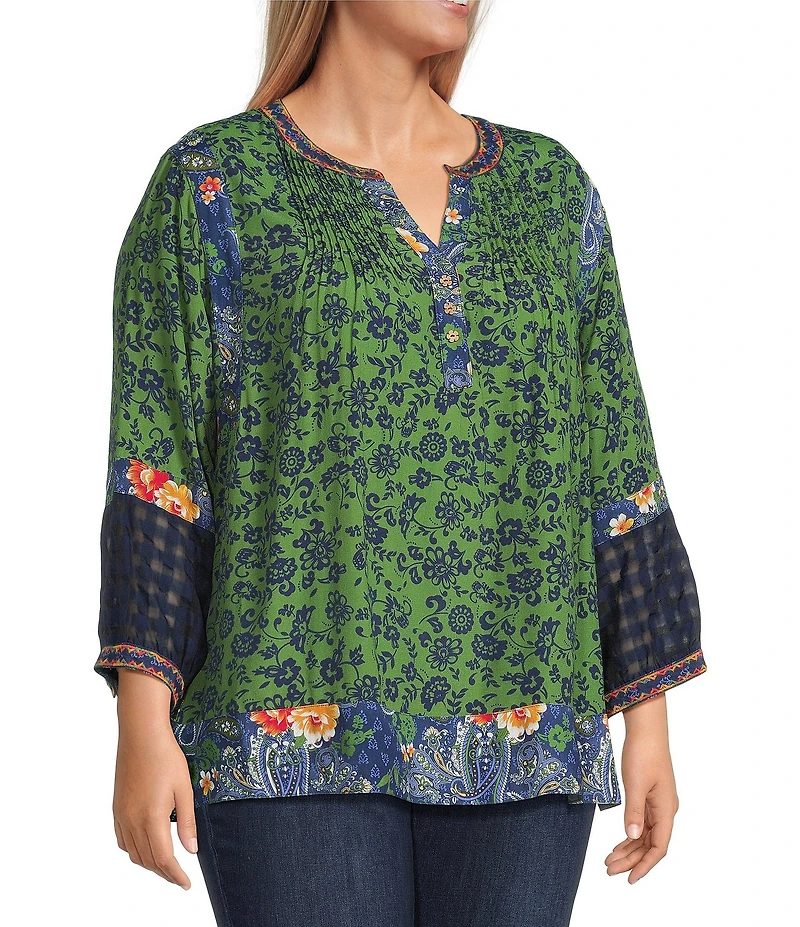 John Mark Plus Size Embroidered Printed Y-Neck 3/4 Sleeve Pintuck Peasant Tunic