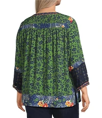 John Mark Plus Size Embroidered Printed Y-Neck 3/4 Sleeve Pintuck Peasant Tunic