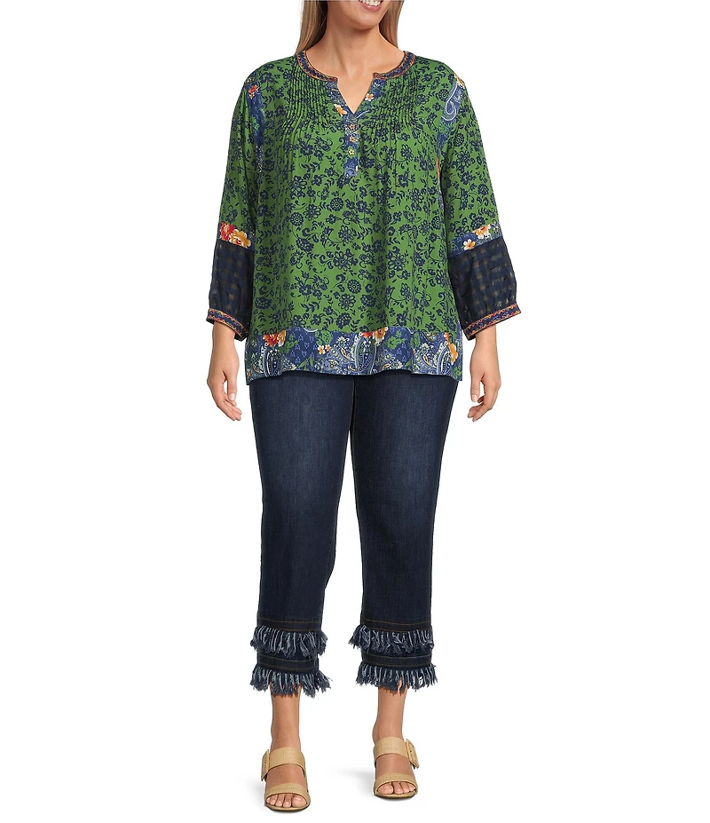 John Mark Plus Size Embroidered Printed Y-Neck 3/4 Sleeve Pintuck Peasant Tunic