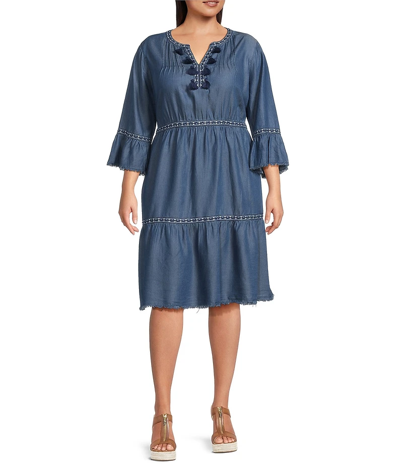 John Mark Plus Size Embroidered Split V-Neck 3/4 Flounce Sleeve Tiered Dress
