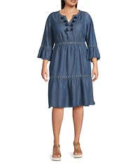John Mark Plus Size Embroidered Split V-Neck 3/4 Flounce Sleeve Tiered Dress