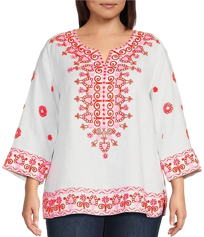 John Mark Plus Size Embroidered Split V-Neck 3/4 Sleeve Hi-Low Hem Tunic