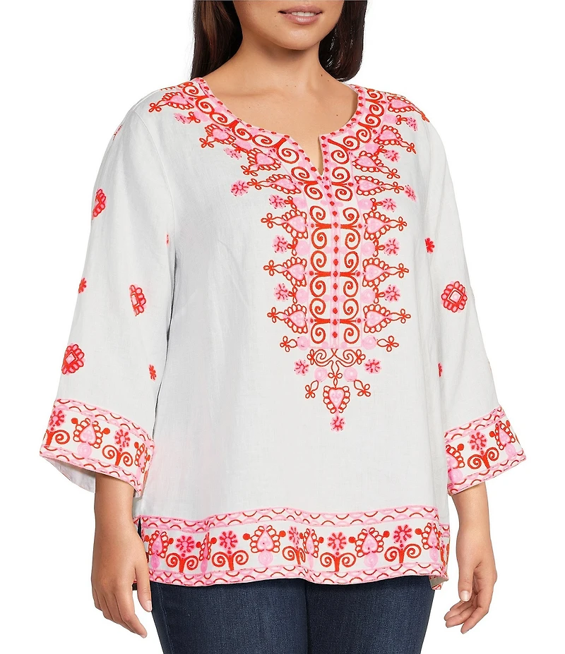 John Mark Plus Size Embroidered Split V-Neck 3/4 Sleeve Hi-Low Hem Tunic