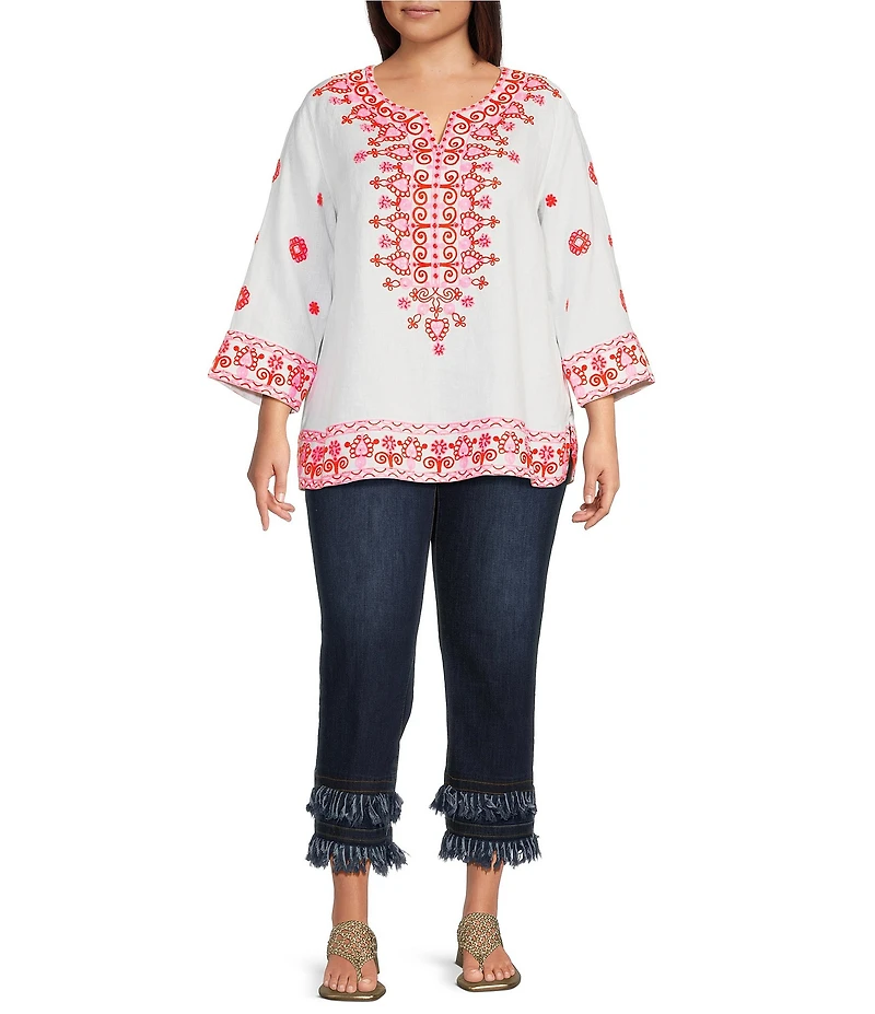 John Mark Plus Size Embroidered Split V-Neck 3/4 Sleeve Hi-Low Hem Tunic