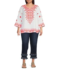 John Mark Plus Size Embroidered Split V-Neck 3/4 Sleeve Hi-Low Hem Tunic