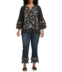 John Mark Plus Size Embroidered Split V-Neck 3/4 Tiered Sleeve Peasant Top