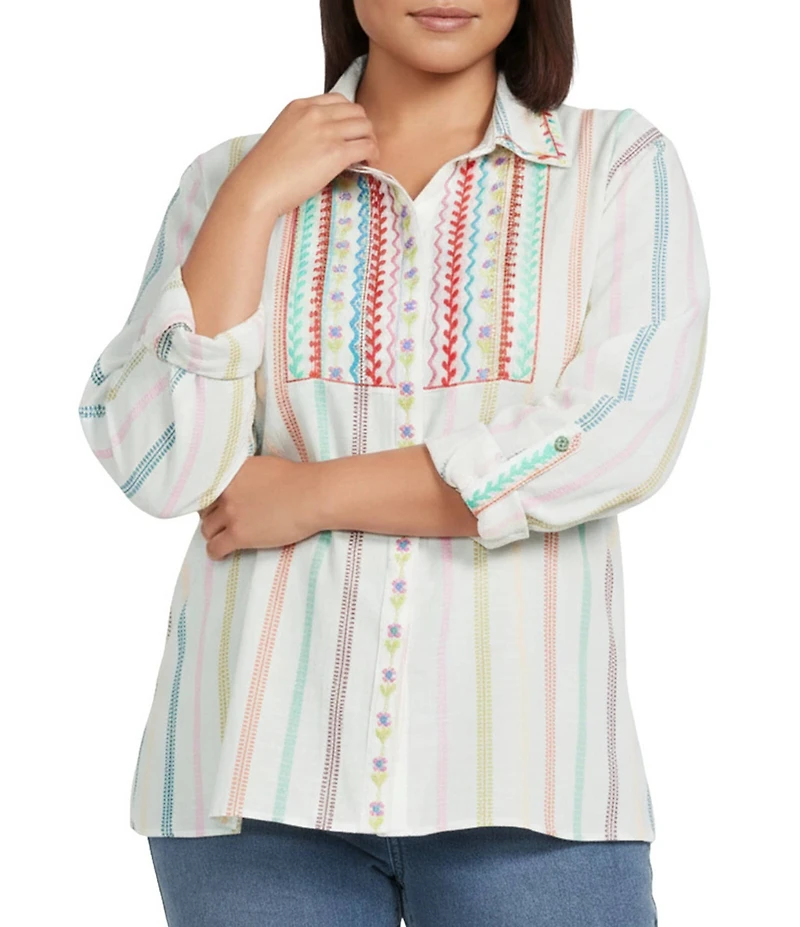 John Mark Plus Size Embroidered Stripe Floral Leaf Print Point Collar Long Roll-Tab Sleeve Button Front Blouse