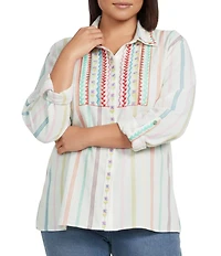 John Mark Plus Size Embroidered Stripe Floral Leaf Print Point Collar Long Roll-Tab Sleeve Button Front Blouse