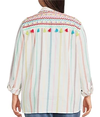 John Mark Plus Size Embroidered Stripe Floral Leaf Print Point Collar Long Roll-Tab Sleeve Button Front Blouse