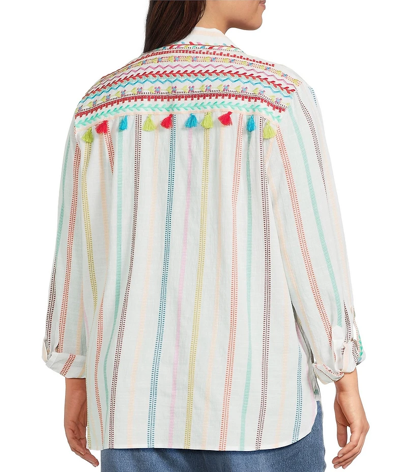 John Mark Plus Size Embroidered Stripe Floral Leaf Print Point Collar Long Roll-Tab Sleeve Button Front Blouse