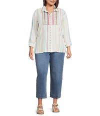 John Mark Plus Size Embroidered Stripe Floral Leaf Print Point Collar Long Roll-Tab Sleeve Button Front Blouse