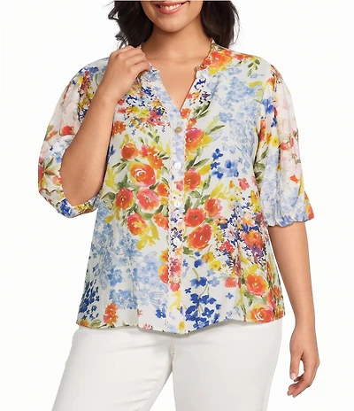 John Mark Plus Size Embroidered Watercolor Floral Ruffle Y-Neck Short Sleeve Button-Front Blouse