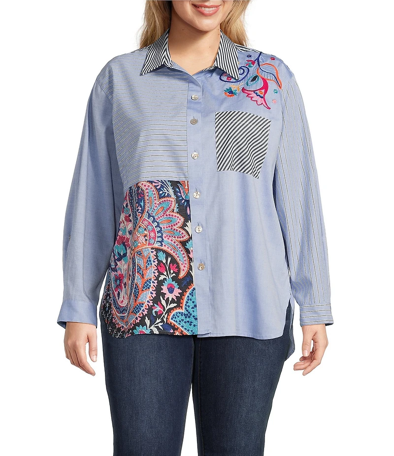 John Mark Plus Size Embroidered Woven Stripe Point Collar Long Roll-Tab Sleeve Button Front Tunic