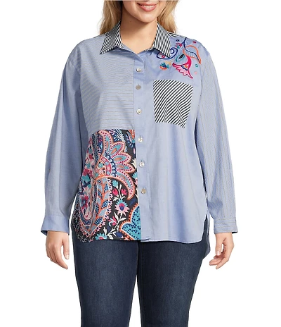 John Mark Plus Size Embroidered Woven Stripe Point Collar Long Roll-Tab Sleeve Button Front Tunic