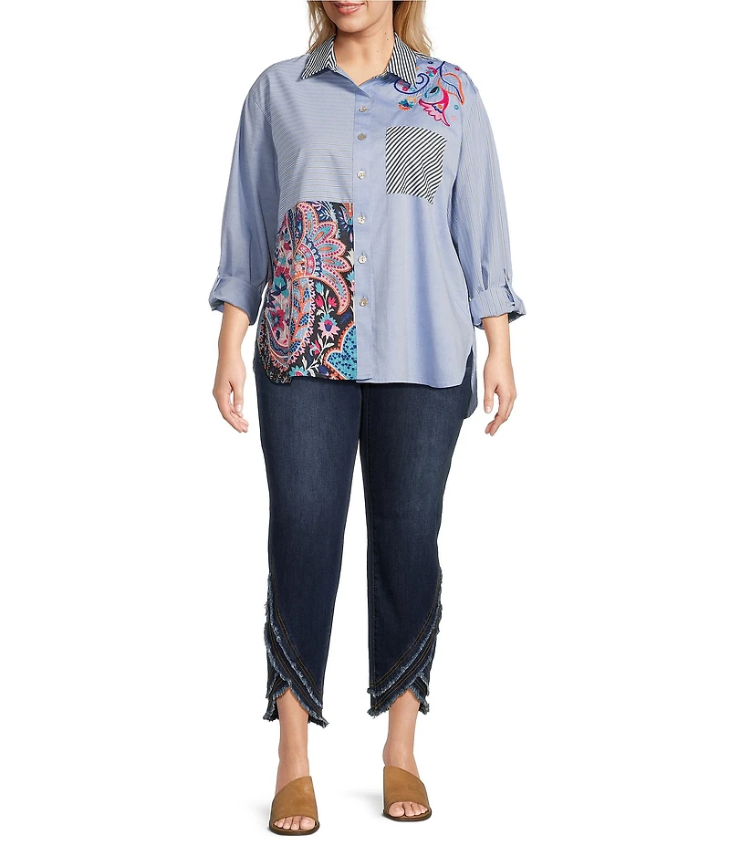 John Mark Plus Size Embroidered Woven Stripe Point Collar Long Roll-Tab Sleeve Button Front Tunic