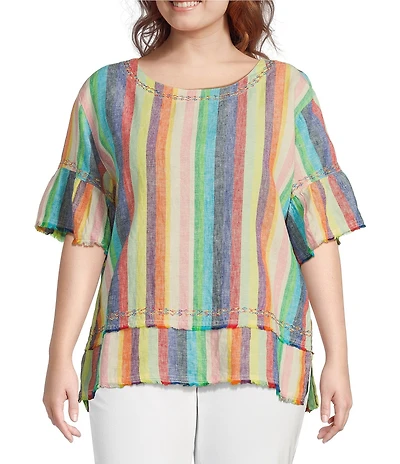 John Mark Plus Size Embroidered Yarn-Dye Stripe Crew Neck Short Ruffle Hi-Low Hem Top