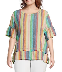John Mark Plus Size Embroidered Yarn-Dye Stripe Crew Neck Short Ruffle Hi-Low Hem Top